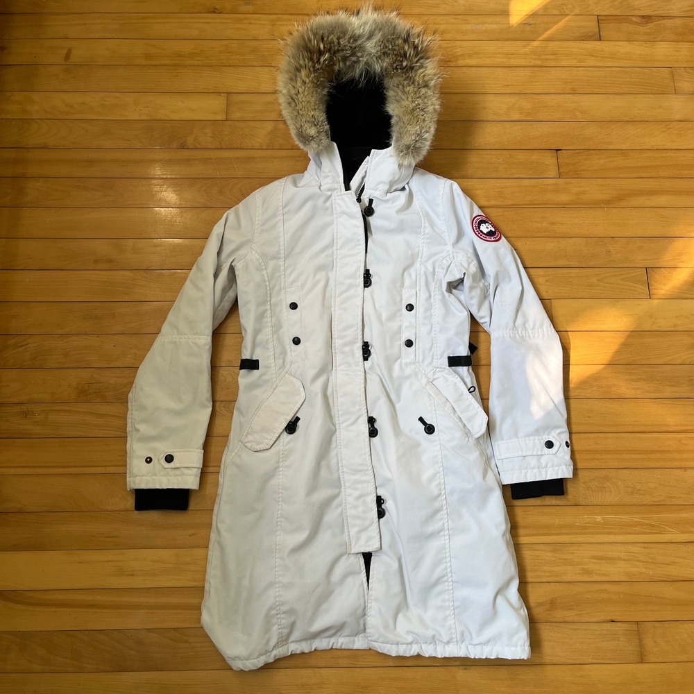 Canada Goose Kensington Parka White Down Fur Trim Hood Coat Womens Long Jacket